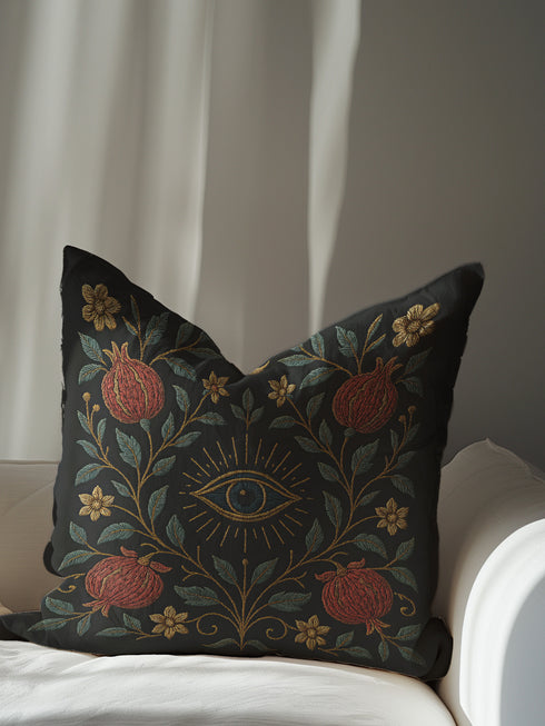 Square pillowcase featuring a mystical eye motif surrounded by embroidered-look gold rays, deep red pomegranates, and curling blue-green vines with floral accents on a black background. Made from premium polyester with a linen-texture feel, available in 18x18 and 22x22 inches, printed on both sides with hidden zipper. Perfect for dark academia and gothic home decor.